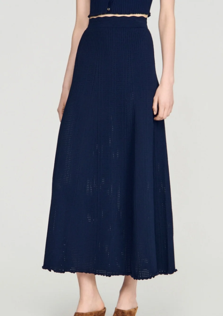 🦞Sandro Navy Knit Two‑Piece Set Cropped Top Long Midi Skirt